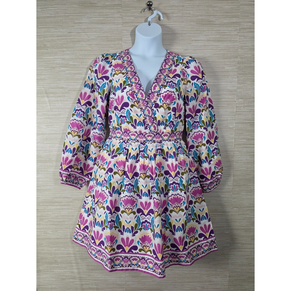 Boden Mya Cotton Short Dress Womens 8R Multi Floral Smocked Balloon Sleeve NWT